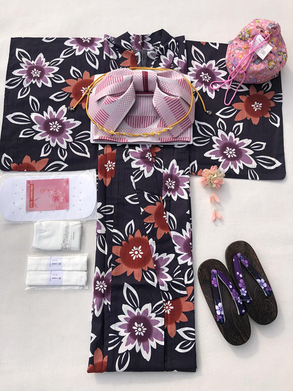 新款全棉日本和服浴衣三色太陽花條紋棉黑底