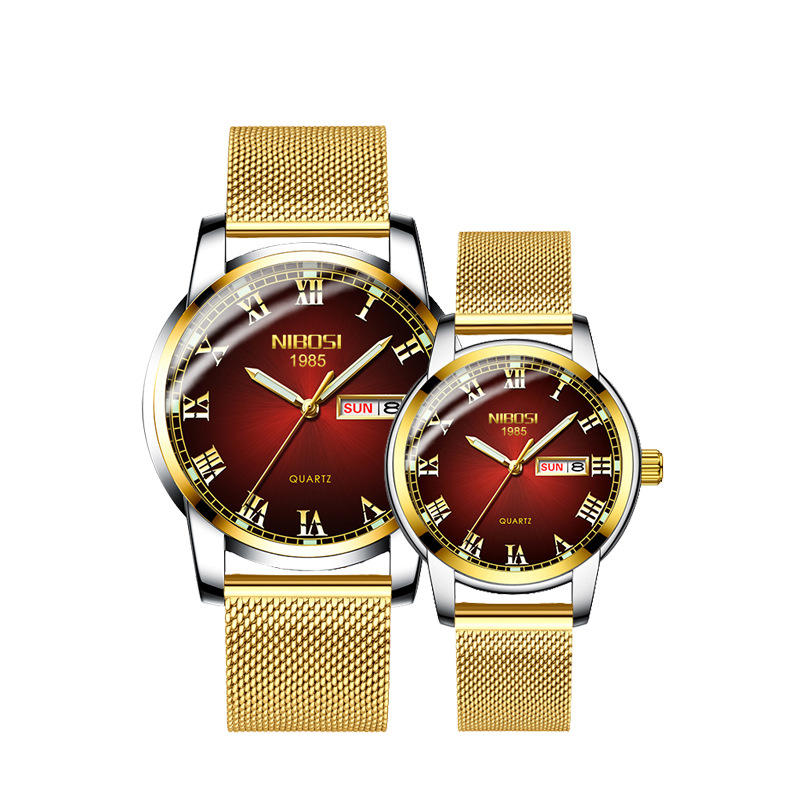 【潮裡潮氣】NIBOSI尼伯斯爆款學生手錶防水夜光日曆情侶對錶不銹鋼帶石英表2378