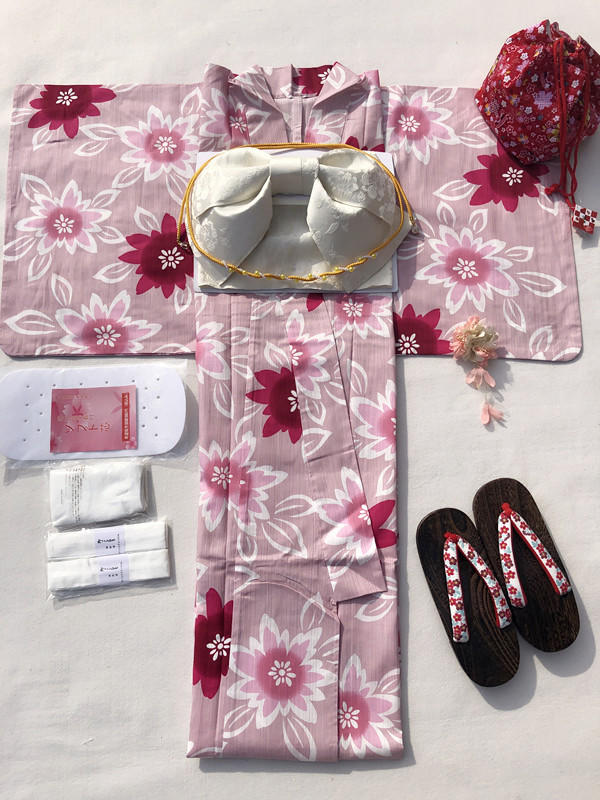 新款全棉日本和服浴衣三色太陽花條紋棉粉底