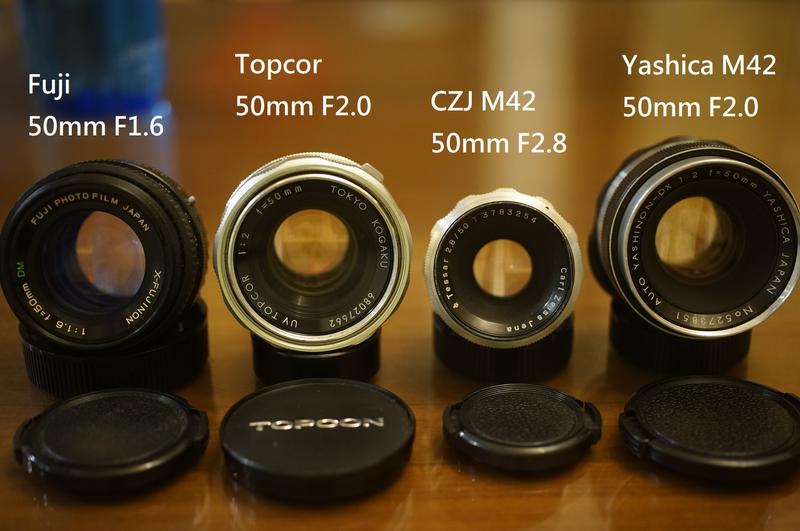 50mm 鏡頭 A.TOPCON UV F2.0。 B.Fujinon 。C.Yashica D CZJ.