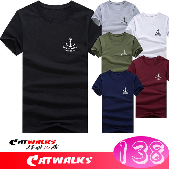 【 Catwalk's 搖滾の貓 】歐美風經典船錨印花舒適款圓領短袖棉T ( 黑色、灰色、白色、軍綠色、酒紅色、深藍色