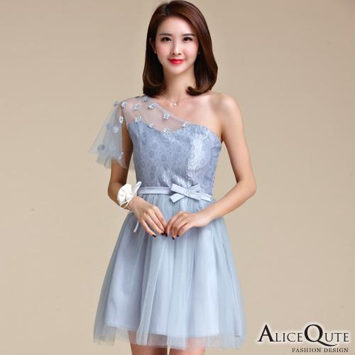 AliceQute時尚網紗單斜飾肩收腰洋裝小禮服連衣裙(灰色)(有大碼)【69104】。現貨+預購。