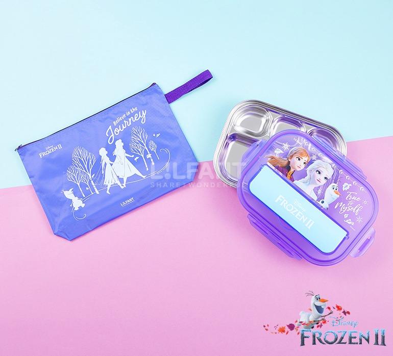 ♀高麗妹♀韓國 Disney FROZEN II 冰雪奇緣2 不鏽鋼/防漏樂扣蓋(可收納餐具)五分格餐盤+收納袋(現貨)