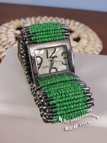 [佩姬蘇 復古著]FD france delight-空氣龐克風貝殼面祖母綠串珠伸縮式手環式錶-古早期台灣懷舊80年代