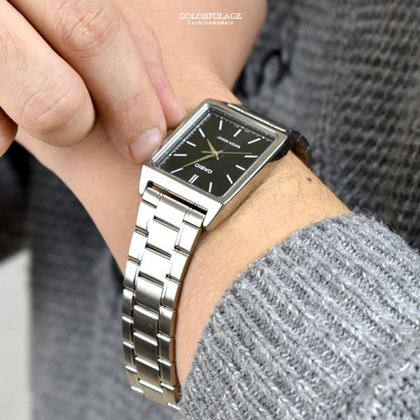 CASIO手錶簡約方形銀黑鋼錶【NEC153】