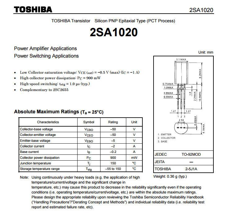 Chanzon Lote 50 Transistores PNP 2SA1020 TO-92L, 2A -50V, Para Proyectos Electrónicos De Bricolaje