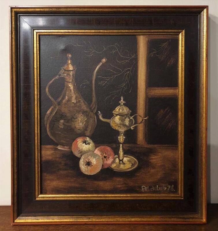 【卡卡頌 歐洲古董】🍂荷蘭老件 全手繪  銀壺  水果  靜物  木 框  簽名  老油畫   pa0336