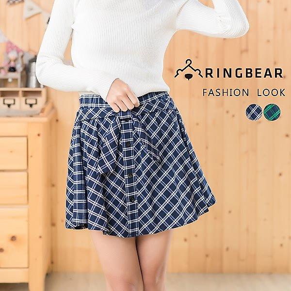 短裙--R173甜美學院風氣質蝴蝶結排釦裝飾鬆緊格紋褲裙(藍.綠XL-4L)-眼圈熊中大尺碼