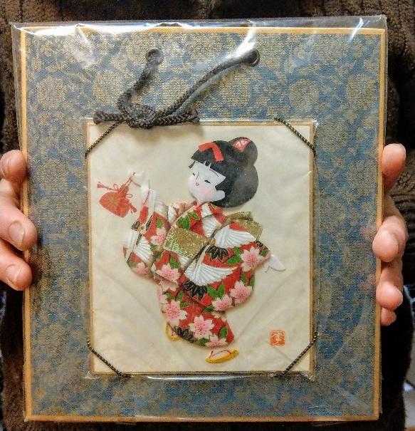 日本 人形娃娃 人形布畫 人偶藝妓 藝妓人形 手工製作 壁畫 掛飾(已裱框)