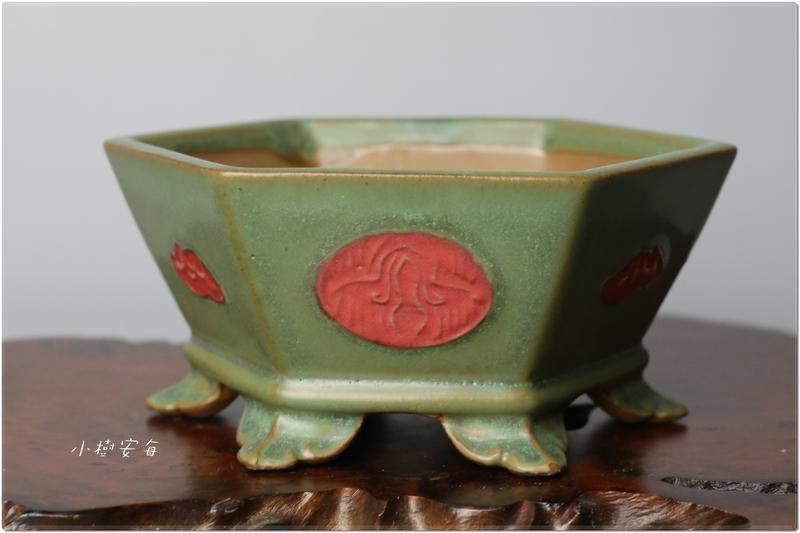 【小樹安每】中國盆缽- [中國宜興] 綠釉鶴紋六角鉢 11cm