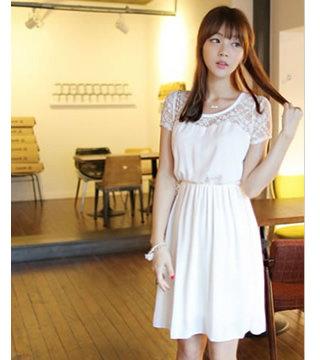 ★現貨★FD01韓版夏裝新款修身顯瘦蕾絲雪紡裙(米白色) 