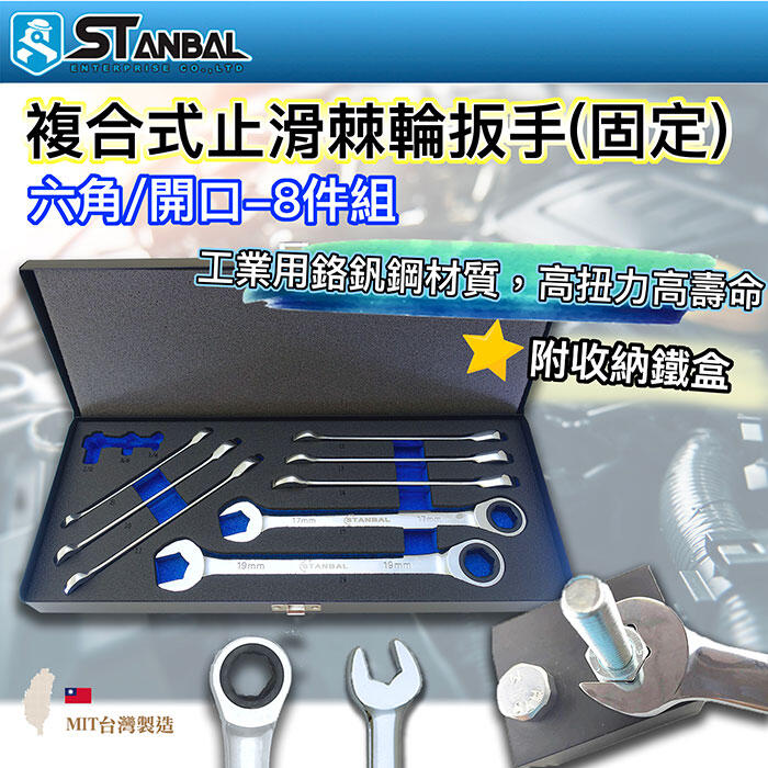 【STANBAL史丹堡】固定式 專利型防滑複合棘輪板手8支組 止滑 滑牙用 梅開棘輪板手 台灣製
