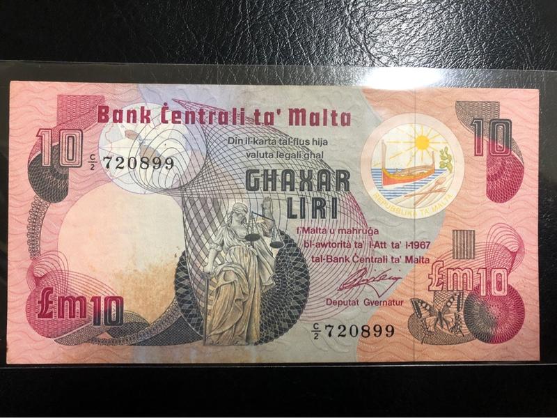 [阿宏的紙幣世界]Malta(馬爾他)1967(1979) P-36 10 LIRI 紙幣 Fine無折但是有斑紋