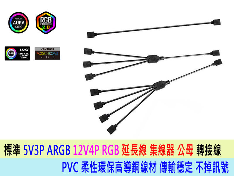 全新 ARGB 風扇 5V 3Pin 分接線 AURA ARGB 集線器 RGB 擴充線 總長 30cm RGB 5V