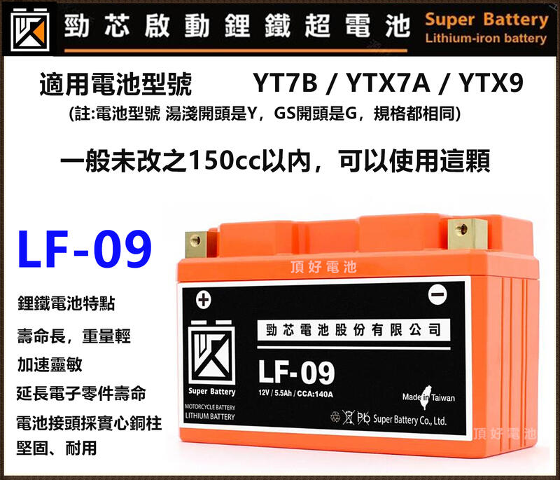 頂好電池-台中 勁芯鋰鐵電池 機車鋰鐵電池 LF-09 5.5AH 高容量鋰鐵電池 YTX7A YT7B TTZ10S