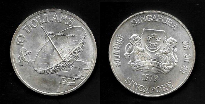 〈新加坡//大型紀念『銀幣』〉1979年衛星資訊紀念.//10圓//含圓形盒（盒1-）