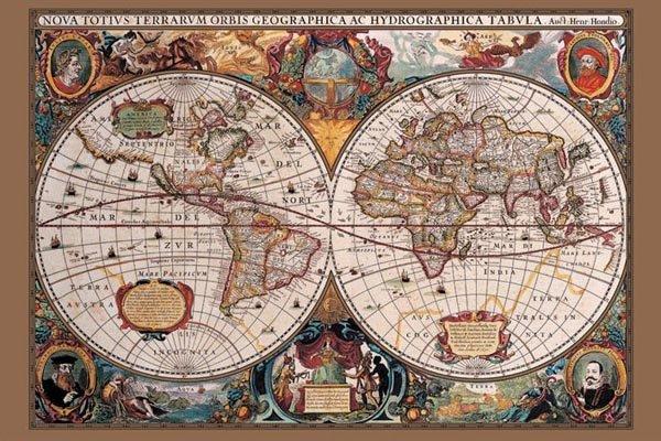【英國進口復古地圖海報】17世紀世界地圖 17th Century World Map (Gold) #PP31836