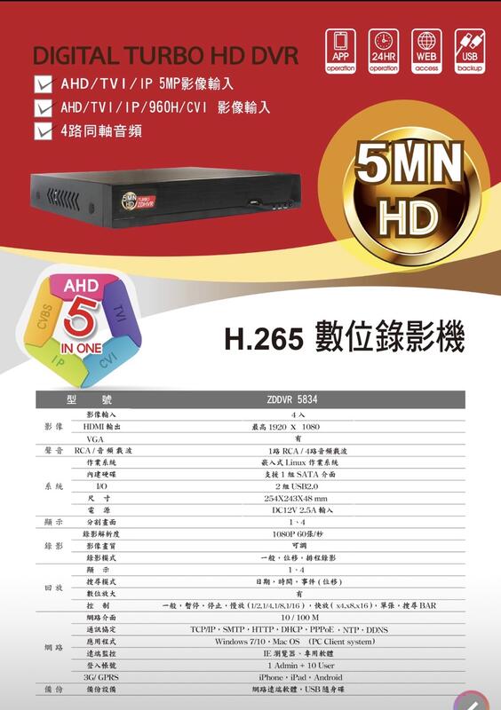 ZDiiin小可取四路套裝/小可取4路500萬主機+4組500萬 SONY335紅外線攝影機/免運費/1年保固/含稅