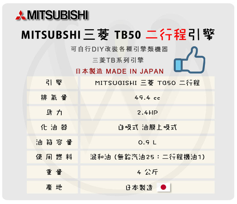 W五金】附發票＊日本製造＊MITSUBISHI 三菱TB50 二行程引擎單