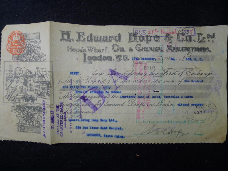 [英國 愛德華公司 信用票]1936年 香港渣打銀行付訖 +皇冠印花 A617