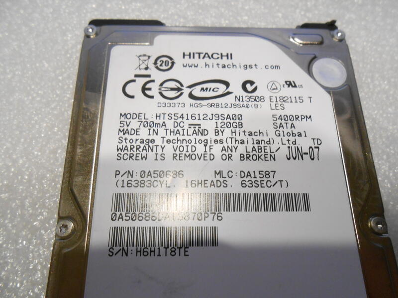 Hitachi 120G (HDS541612J9SA00) 2.5吋筆電硬碟【掃瞄無錯誤、無異音】