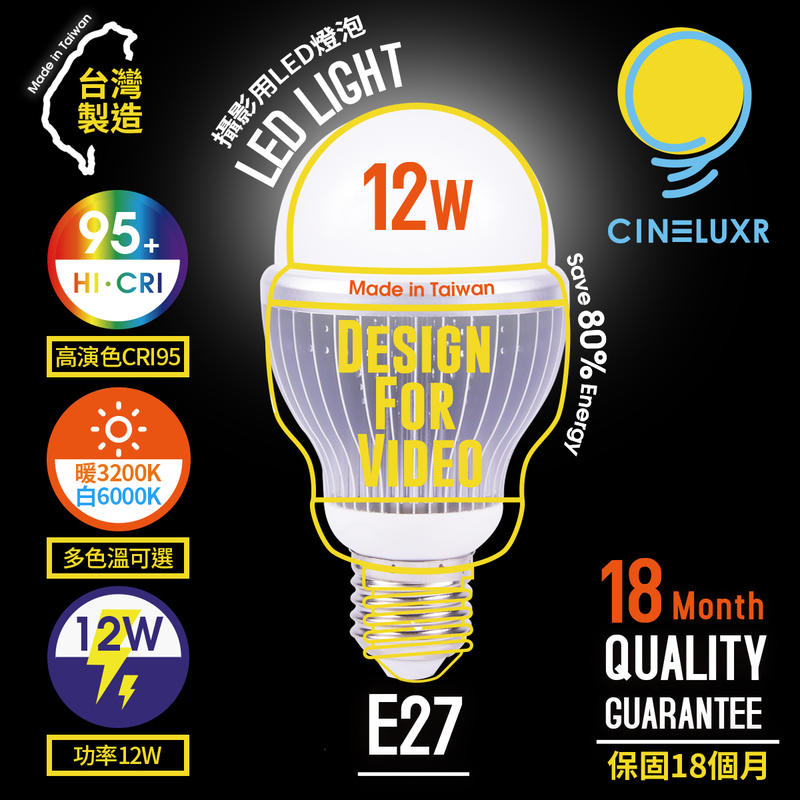 [享樂攝影]台灣製Cineluxr 12W 攝影用專業LED燈泡 CRI95高演色白6000k/5000K/暖3200K