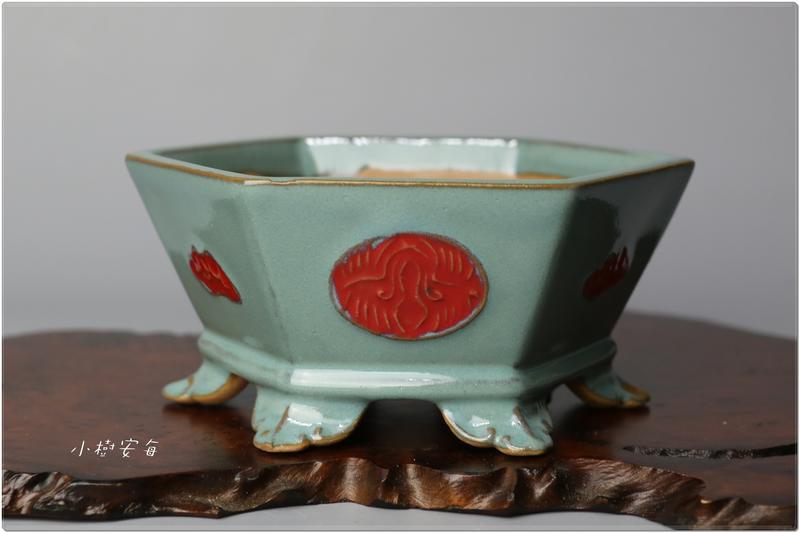 【小樹安每】中國盆缽- [中國宜興] 淺綠釉鶴紋六角鉢 11cm