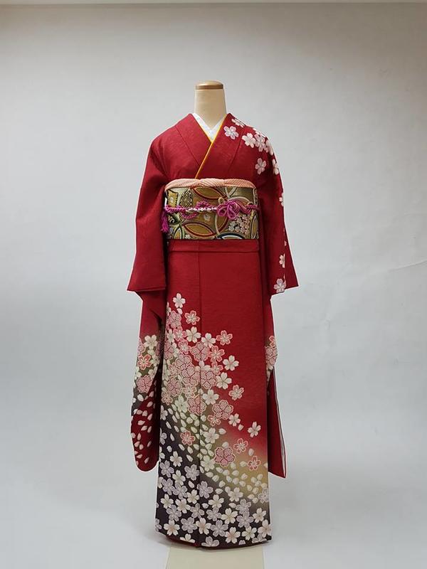 京都和服館＊二手正絹振袖和服＊紅色櫻花紋樣＊日本製-只販售振袖不含