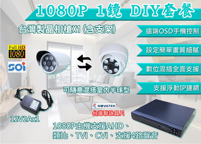 1080P監視器DIY套餐/1080P 1機1鏡/1080P監控套餐/DIY套餐/監視攝影機套餐/可換室內鏡頭/板橋