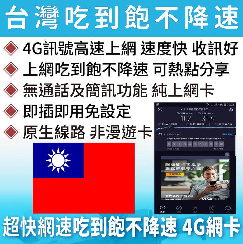 台灣上網卡 遠傳  預付卡 4G 超高速 吃到飽 不降速 上網吃到飽  手遊必備神卡