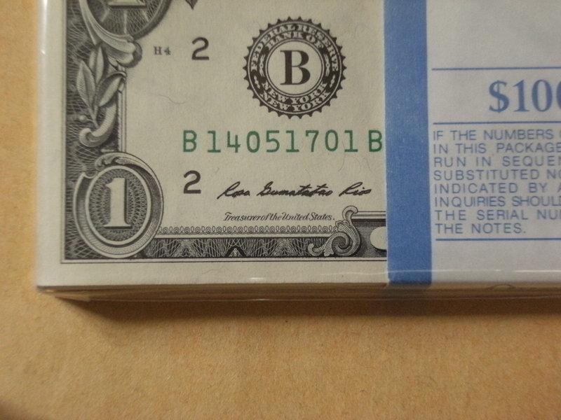 美國2013年1元 同字軌 BB 99新 (5B券) 100張連號