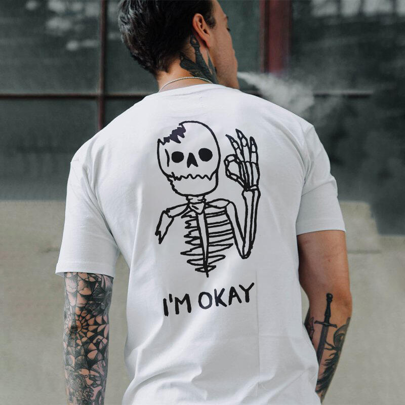 Skull I'm OK Okay 雙面印刷 短袖T恤 4色 歐美潮牌西海岸刺青滑板龐克骷髏頭印花潮T
