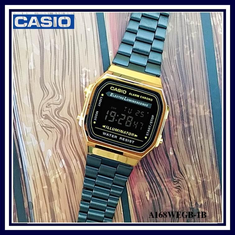 經緯度鐘錶CASIO經典復古型黑金錶 金框黑金屬錶帶 雜誌款超值收藏 台灣卡西歐公司保固卡【↘超低價】A168WEGB