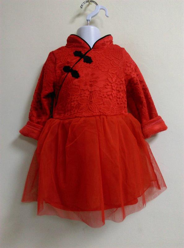 新竹金奇童裝兒童冬天不倒絨中國風紅色喜氣洋裝新年服旗袍風格紗裙中國服