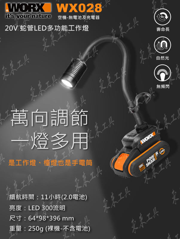 * WORX WX028.9 LED工作燈 蛇管燈 檯燈 WX028 威克士 手電筒 LED燈