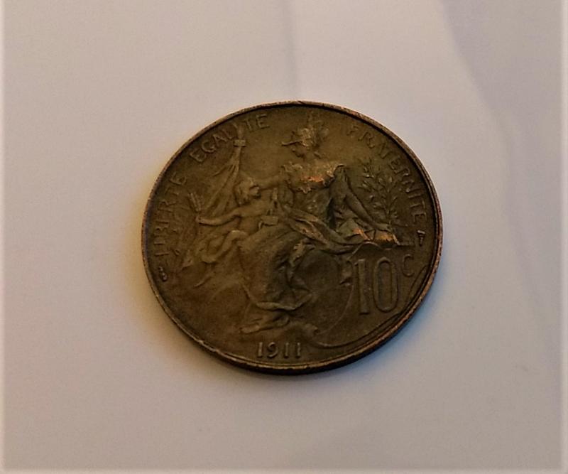 美品 1911 年 法國 丹尼爾 杜比斯 自由女神 10 Centimes 古 錢幣