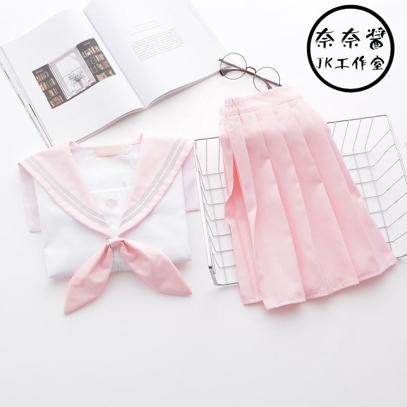 【 Lolita Rabbit 】日系  粉色 JK 制服 學生 海軍領 條紋 百褶裙 襯衫