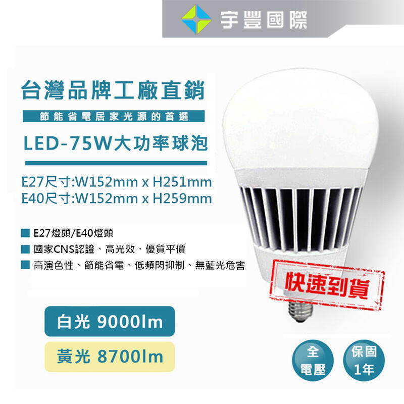 【宇豐國際】台灣品牌 LED E27/E40 75W 大功率 球泡 燈泡 IP65防水防塵 高光效 白光/黃光 保固一年