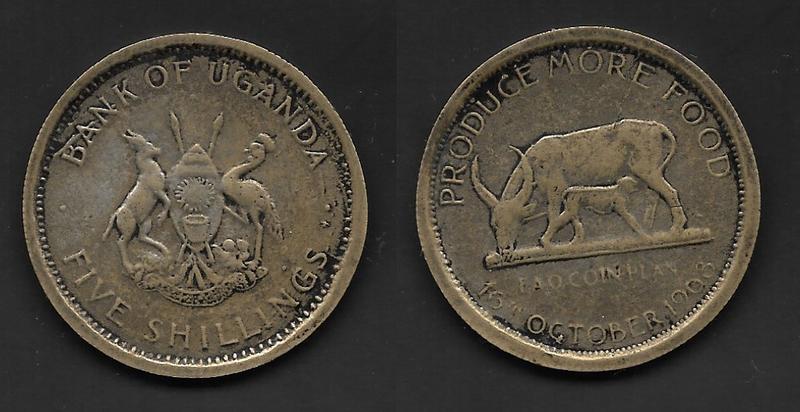 〈烏干達共和國//錢幣〉1963年10月~創造更多的食物//5先令~紀念幣（1-420-）