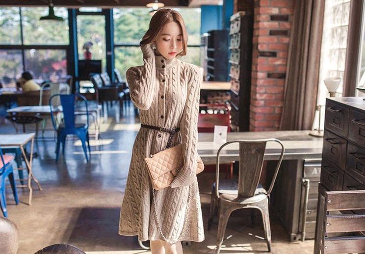 Zoe's SeCreT冬季新品韓國麻花復古針織開衫 連身裙 連衣裙 針織洋裝 長袖洋裝A20027