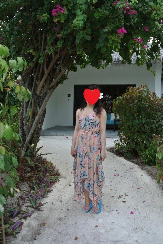 粉橘水墨花朵裙襬不規則平口雪紡洋裝