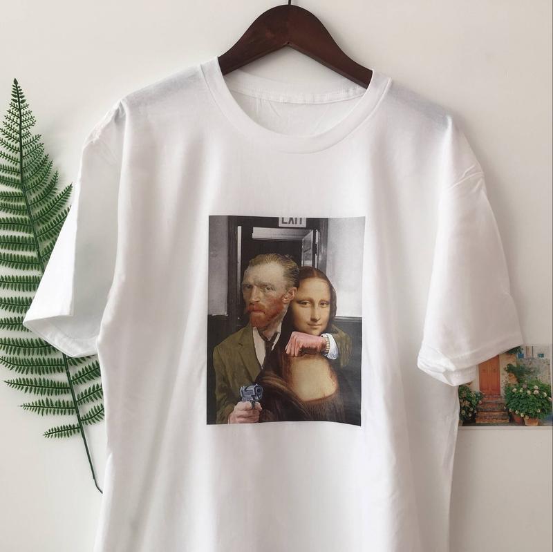 Van Gogh Kidnapping Mona Lisa 短袖T恤 白色 梵谷綁架蒙娜麗莎趣味幽默人物設計人物印花潮T
