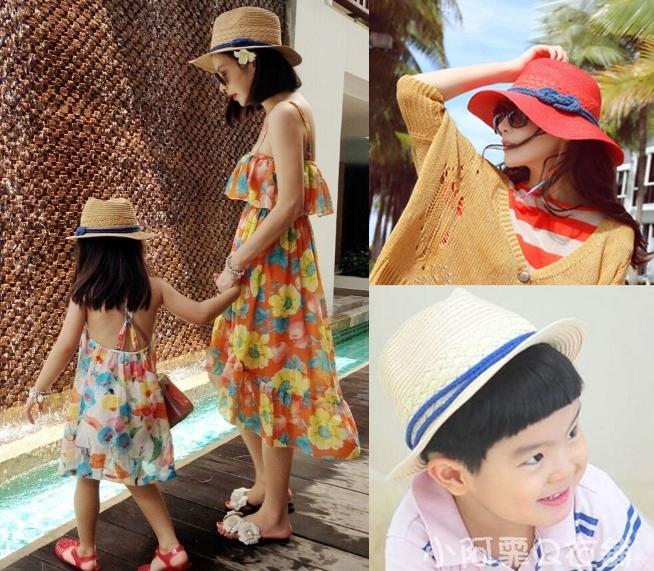 親子草帽 兒童防曬草帽 男童女童遮陽沙灘繩結草帽 出口韓國母女帽母子帽米色紅色 可搭親子裝 AC05
