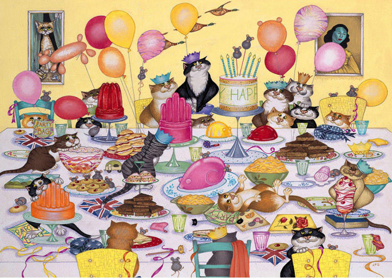 歐洲進口拼圖GIB 繪畫風景 貓咪的生日派對 蛋糕 甜點 Linda Jane Smith  500片拼圖，G3038