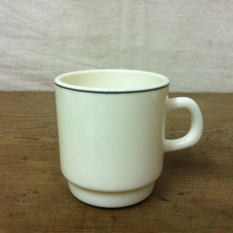 WH6443【四十八號老倉庫】全新 早期 法國製 ARCOPAL 象牙白藍灰圈 牛奶玻璃 咖啡杯 150cc 1杯價