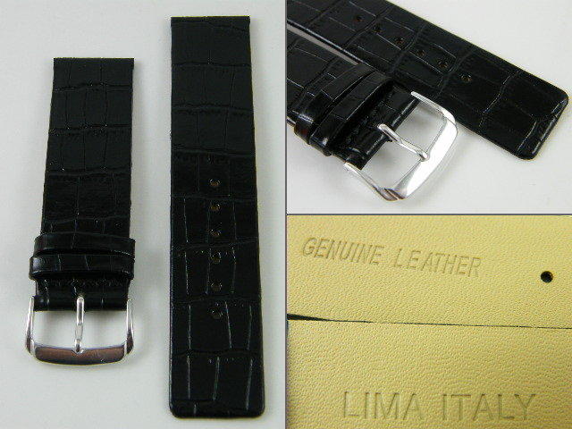 【錶帶家】『嚴選』LIMA 義大利進口黑色亮面鱷魚壓紋直身真皮錶帶 24mm CK 代用