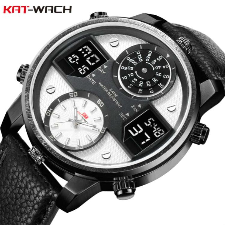 新款 KAT-WACH 創意多視窗多功能 戶外運動男士 真皮錶帶 防水夜光三機芯跨境時尚潮流個性型男手錶