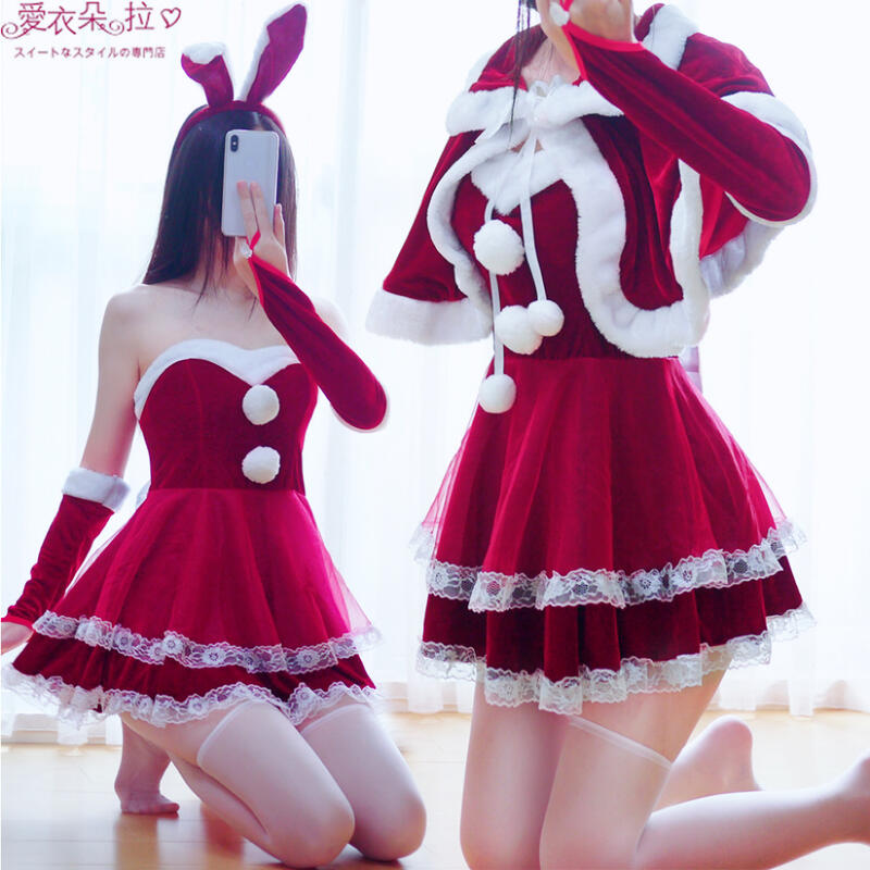 聖誕節服裝 紅色兔女郎平口洋裝兔耳朵袖套 贈白色絲襪  聖誕服 聖誕內衣 聖誕節派對- 愛衣朵拉K066