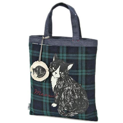 【歐米迪斯】日本直購文創 賓士貓/黑白貓格紋手提袋 購物袋