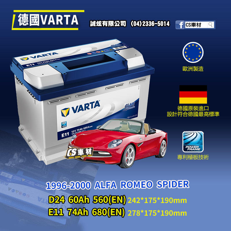 CS車材-VARTA 華達電池 ALFA ROMEO SPIDER 96-00年 D24 E11... 非韓製 代客安裝